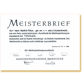 Bild: Meisterbrief Tischlermeister Hans-Manfred Pitters